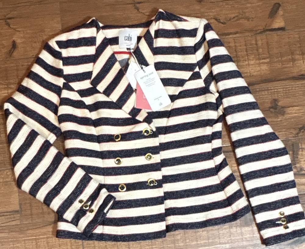 cabi Love Collection Military Jacket Navy Ivory Red Stripe Pockets Button S
